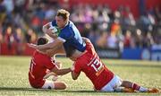 8 September 2023; Liam Turner of Leinster is tackled by Calvin Nash, left, and Shane Daly of Munster during the pre-season friendly match between Munster and Leinster at Musgrave Park in Cork. Photo by Sam Barnes/Sportsfile