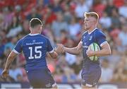 8 September 2023; Tommy O'Brien of Leinster, right, celebrates with teammate Chris Cosgrave after scoring their side's third try during the pre-season friendly match between Munster and Leinster at Musgrave Park in Cork. Photo by Sam Barnes/Sportsfile