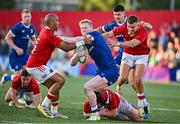 8 September 2023; Jamie Osborne of Leinster in action against Munster players, from left, Simon Zebo , Stephen Archer and Shane Daly during the pre-season friendly match between Munster and Leinster at Musgrave Park in Cork. Photo by Sam Barnes/Sportsfile