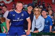 8 September 2023; Paddy McCarthy of Leinster with his father Joe, mother Paula and brother Andrew after his side's victory in the pre-season friendly match between Munster and Leinster at Musgrave Park in Cork. Photo by Sam Barnes/Sportsfile