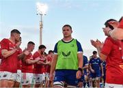 8 September 2023; Leinster captain Scott Penny leads his team off the pitch after his side's victory in the pre-season friendly match between Munster and Leinster at Musgrave Park in Cork. Photo by Sam Barnes/Sportsfile