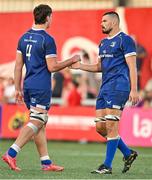 8 September 2023; Brian Deeny of Leinster, left, and teammate Max Deegan celebrate after their side's victory in the pre-season friendly match between Munster and Leinster at Musgrave Park in Cork. Photo by Sam Barnes/Sportsfile