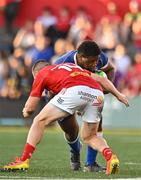 8 September 2023; Temi Lasisi of Leinster in action against Andrew Conway of Munster during the pre-season friendly match between Munster and Leinster at Musgrave Park in Cork. Photo by Sam Barnes/Sportsfile