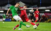 8 September 2023; Sam Curtis of Republic of Ireland in action against Yasin Ozcan of Turkey during the UEFA European Under-21 Championship Qualifier match between Republic of Ireland and Turkey at Turner’s Cross in Cork. Photo by Eóin Noonan/Sportsfile