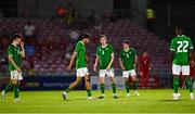 8 September 2023; Republic of Ireland players including Matt Healy, centre, react after conceding their side's second goal during the UEFA European Under-21 Championship Qualifier match between Republic of Ireland and Turkey at Turner’s Cross in Cork. Photo by Eóin Noonan/Sportsfile