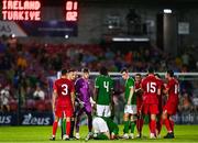 8 September 2023; Players from both teams tussle during the UEFA European Under-21 Championship Qualifier match between Republic of Ireland and Turkey at Turner’s Cross in Cork. Photo by Eóin Noonan/Sportsfile