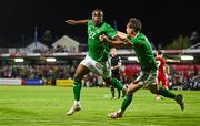 8 September 2023; Aidomo Emakhu of Republic of Ireland celebrates after scoring his side's third goal during the UEFA European Under-21 Championship Qualifier match between Republic of Ireland and Turkey at Turner’s Cross in Cork. Photo by Eóin Noonan/Sportsfile