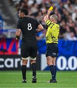 8 September 2023; Referee Jaco Peyper signals Will Jordan of New Zealand to the bunker for a card review during the 2023 Rugby World Cup Pool A match between France and New Zealand at the Stade de France in Paris, France. Photo by Harry Murphy/Sportsfile