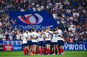 8 September 2023; France players huddle during the 2023 Rugby World Cup Pool A match between France and New Zealand at the Stade de France in Paris, France. Photo by Harry Murphy/Sportsfile