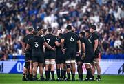 8 September 2023; New Zealand players huddle during the 2023 Rugby World Cup Pool A match between France and New Zealand at the Stade de France in Paris, France. Photo by Harry Murphy/Sportsfile