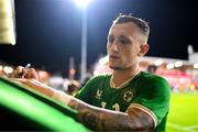 8 September 2023; Sam Curtis of Republic of Ireland signs autographs after the UEFA European Under-21 Championship Qualifier match between Republic of Ireland and Turkey at Turner’s Cross in Cork. Photo by Eóin Noonan/Sportsfile
