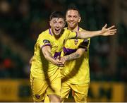 8 September 2023; Kian Corbally of Wexford, left, celebrates after scoring his side's second goal with team-mate Danny Furlong during the SSE Airtricity Men's First Division match between Treaty United and Wexford at Markets Field in Limerick. Photo by Michael P Ryan/Sportsfile