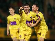 8 September 2023; Kian Corbally of Wexford, left, celebrates after scoring his side's second goal with team-mate Danny Furlong during the SSE Airtricity Men's First Division match between Treaty United and Wexford at Markets Field in Limerick. Photo by Michael P Ryan/Sportsfile