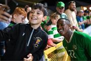 8 September 2023; Aidomo Emakhu of Republic of Ireland with supporters after the UEFA European Under-21 Championship Qualifier match between Republic of Ireland and Turkey at Turner’s Cross in Cork. Photo by Eóin Noonan/Sportsfile