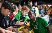 8 September 2023; Aidomo Emakhu of Republic of Ireland with supporters after the UEFA European Under-21 Championship Qualifier match between Republic of Ireland and Turkey at Turner’s Cross in Cork. Photo by Eóin Noonan/Sportsfile