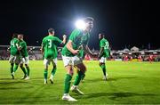 8 September 2023; Anselmo Garcia McNulty of Republic of Ireland celebrates after team-mate Aidomo Emakhu scored their side's third goal during the UEFA European Under-21 Championship Qualifier match between Republic of Ireland and Turkey at Turner’s Cross in Cork. Photo by Eóin Noonan/Sportsfile