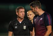 8 September 2023; Treaty United manager Tommy Barrett in conversation with referee Robert Dowling after the SSE Airtricity Men's First Division match between Treaty United and Wexford at Markets Field in Limerick. Photo by Michael P Ryan/Sportsfile