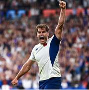 8 September 2023; Damien Penaud of France celebrates after his side's second try, scored by Melvyn Jaminet, during the 2023 Rugby World Cup Pool A match between France and New Zealand at the Stade de France in Paris, France. Photo by Harry Murphy/Sportsfile