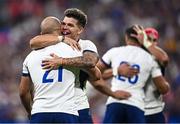 8 September 2023; Matthieu Jalibert, right, and Maxime Lucu of France celebrate after the 2023 Rugby World Cup Pool A match between France and New Zealand at the Stade de France in Paris, France. Photo by Harry Murphy/Sportsfile
