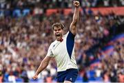 8 September 2023; Damien Penaud of France celebrates after his side's second try, scored by Melvyn Jaminet, during the 2023 Rugby World Cup Pool A match between France and New Zealand at the Stade de France in Paris, France. Photo by Harry Murphy/Sportsfile