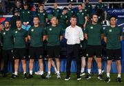 7 September 2023; Republic of Ireland manager Stephen Kenny, third from right, with backroom staff, from left, team doctor Sean Carmody, chartered physiotherapist Danny Miller, head of athletic performance Damien Doyle, goalkeeping coach Dean Kiely, coach John O'Shea and coach Keith Andrews before the UEFA EURO 2024 Championship qualifying group B match between France and Republic of Ireland at Parc des Princes in Paris, France. Photo by Stephen McCarthy/Sportsfile