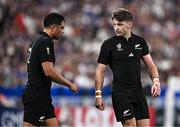 8 September 2023; Beauden Barrett, right, and Anton Lienert-Brown of New Zealand during the 2023 Rugby World Cup Pool A match between France and New Zealand at the Stade de France in Paris, France. Photo by Harry Murphy/Sportsfile