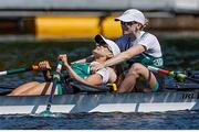 9 September 2023; Aoife Casey, right, and Margaret Cremen of Ireland after the Lightweight Women's Double Sculls Final B during the 2023 World Rowing Championships at Ada Ciganlija regatta course on Sava Lake, Belgrade. Photo by Nikola Krstic/Sportsfile