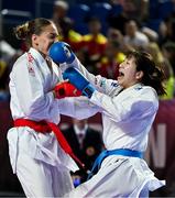 9 September 2023; Yuki Kujuro of Japan, right, in action against Indria Del Mar Zuniga Garcia of Spain during their 61kg Female Kumite in the World Karate Federation Karate 1 Premier League at the National Indoor Arena at Sport Ireland Campus, Dublin. Photo by Tyler Miller/Sportsfile