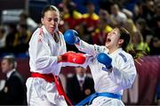 9 September 2023; Yuki Kujuro of Japan, right, in action against Indira Del Mar Zuniga Garcia of Spain during their 61kg Female Kumite in the World Karate Federation Karate 1 Premier League at the National Indoor Arena at Sport Ireland Campus, Dublin. Photo by Tyler Miller/Sportsfile