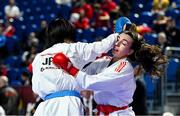 9 September 2023; Sarara Shimada of Japan, left, in action against Aurora Graziosi of Italy during their 61kg Female Kumite in the World Karate Federation Karate 1 Premier League at the National Indoor Arena at Sport Ireland Campus, Dublin. Photo by Tyler Miller/Sportsfile