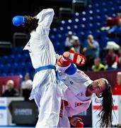 9 September 2023; Carlota Osorio Fernandez of Spain, right, in action against Khamis Reem of Germany during their 61kg Female Kumite in the World Karate Federation Karate 1 Premier League at the National Indoor Arena at Sport Ireland Campus, Dublin. Photo by Tyler Miller/Sportsfile