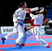 9 September 2023; Carlota Osorio Fernandez of Spain, right, in action against Khamis Reem of Germany during their 61kg Female Kumite in the World Karate Federation Karate 1 Premier League at the National Indoor Arena at Sport Ireland Campus, Dublin. Photo by Tyler Miller/Sportsfile