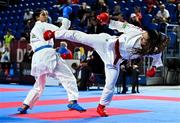 9 September 2023; Carlota Osorio Fernandez of Spain, right, in action against Khamis Reem of Germany during their 61kg Female Kumite in the World Karate Federation Karate 1 Premier League at the National Indoor Arena at Sport Ireland Campus, Dublin. Photo by Tyler Miller/Sportsfile