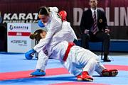 9 September 2023; Lea Avazeri of France, top, in action against Indira Del Mar Zuniga Garcia of Spain during their 61kg Female Kumite in the World Karate Federation Karate 1 Premier League at the National Indoor Arena at Sport Ireland Campus, Dublin. Photo by Tyler Miller/Sportsfile