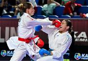 9 September 2023; Lea Avazeri of France, right, in action against Indira Del Mar Zuniga Garcia of Spain during their 61kg Female Kumite in the World Karate Federation Karate 1 Premier League at the National Indoor Arena at Sport Ireland Campus, Dublin. Photo by Tyler Miller/Sportsfile