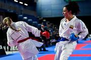 9 September 2023; Jacquelin Factos of Ecuador right, celebrates after scoring a point against Viktoriia Vashchyshyn of Ukraine during their 61kg Female Kumite in the World Karate Federation Karate 1 Premier League at the National Indoor Arena at Sport Ireland Campus, Dublin. Photo by Tyler Miller/Sportsfile