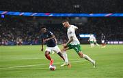 7 September 2023; Shane Duffy of Republic of Ireland in action against Aurélien Tchouameni of France during the UEFA EURO 2024 Championship qualifying group B match between France and Republic of Ireland at Parc des Princes in Paris, France. Photo by Stephen McCarthy/Sportsfile