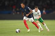 7 September 2023; Jules Koundé of France in action against Jason Knight of Republic of Ireland during the UEFA EURO 2024 Championship qualifying group B match between France and Republic of Ireland at Parc des Princes in Paris, France. Photo by Stephen McCarthy/Sportsfile