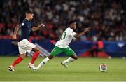 7 September 2023; Chiedozie Ogbene of Republic of Ireland in action against Lucas Hernández of France during the UEFA EURO 2024 Championship qualifying group B match between France and Republic of Ireland at Parc des Princes in Paris, France. Photo by Stephen McCarthy/Sportsfile