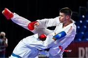 9 September 2023; Bjorn Kulovuori of Finland, right, in action against Matteo Fiore of Italy during their 84kg Male Kumite in the World Karate Federation Karate 1 Premier League at the National Indoor Arena at Sport Ireland Campus, Dublin. Photo by Tyler Miller/Sportsfile