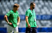 9 September 2023; Ireland head coach Andy Farrell, right, and Josh van der Flier of Ireland before the 2023 Rugby World Cup Pool B match between Ireland and Romania at Stade de Bordeaux in Bordeaux, France. Photo by Harry Murphy/Sportsfile