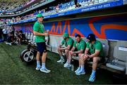 9 September 2023; Non-playing Ireland players Dan Sheehan, Jack Conan, Dave Kilcoyne and Robbie Henshaw look on from the bench before the 2023 Rugby World Cup Pool B match between Ireland and Romania at Stade de Bordeaux in Bordeaux, France. Photo by Harry Murphy/Sportsfile