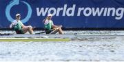 9 September 2023; Ross Corrigan and Nathan Timoney of Ireland celebrate after winning bronze in the Men's Pair Final A during the 2023 World Rowing Championships at Ada Ciganlija regatta course on Sava Lake, Belgrade. Photo by Nikola Krstic/Sportsfile