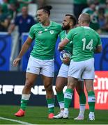 9 September 2023; Jamison Gibson-Park of Ireland celebrates with James Lowe, left, and Keith Earls, 14, after scoring their side's first try during the 2023 Rugby World Cup Pool B match between Ireland and Romania at Stade de Bordeaux in Bordeaux, France. Photo by Brendan Moran/Sportsfile