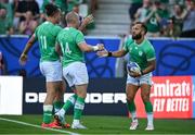 9 September 2023; Jamison Gibson-Park of Ireland celebrates with James Lowe, 11, and Keith Earls, 14, after scoring their side's first try during the 2023 Rugby World Cup Pool B match between Ireland and Romania at Stade de Bordeaux in Bordeaux, France. Photo by Brendan Moran/Sportsfile