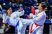 9 September 2023; Ayumi Yatoji of Japan, left, in action against Sadea Becirovic of Croatia during their 68kg Female Kumite in the World Karate Federation Karate 1 Premier League at the National Indoor Arena at Sport Ireland Campus, Dublin. Photo by Tyler Miller/Sportsfile