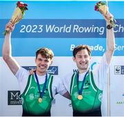 9 September 2023; Fintan McCarthy, left, and Paul O'Donovan of Ireland celebrate after winning gold in the Lightweight Men's Double Sculls Final A during the 2023 World Rowing Championships at Ada Ciganlija regatta course on Sava Lake, Belgrade. Photo by Nikola Krstic/Sportsfile