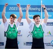 9 September 2023; Fintan McCarthy, left, and Paul O'Donovan of Ireland celebrate after winning gold in the Lightweight Men's Double Sculls Final A during the 2023 World Rowing Championships at Ada Ciganlija regatta course on Sava Lake, Belgrade. Photo by Nikola Krstic/Sportsfile