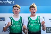 9 September 2023; Ross Corrigan, left, and Nathan Timoney of Ireland celebrate after winning bronze in the Men's Pair Final A during the 2023 World Rowing Championships at Ada Ciganlija regatta course on Sava Lake, Belgrade. Photo by Nikola Krstic/Sportsfile