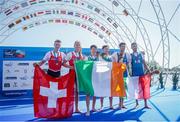 9 September 2023; Fintan McCarthy and Paul O'Donovan of Ireland, centre, celebrate after winning gold, alongside, from left, Jan Schaeuble and Raphael Ahumada Ireland of Switzerland, who won silver, and Stefano Oppo and Gabriel Soares of Italy, who won bronze, in the Lightweight Men's Double Sculls Final A during the 2023 World Rowing Championships at Ada Ciganlija regatta course on Sava Lake, Belgrade. Photo by Nikola Krstic/Sportsfile